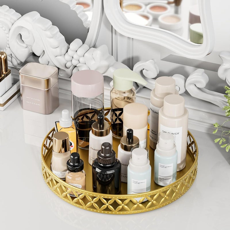 EKNITEY Bathroom Counter Vanity Tray - Perfume Makeup for Dresser Tops Gold Round Serving Candle Decorative Storage Home Decor 11'' Floral-gold - Image 2